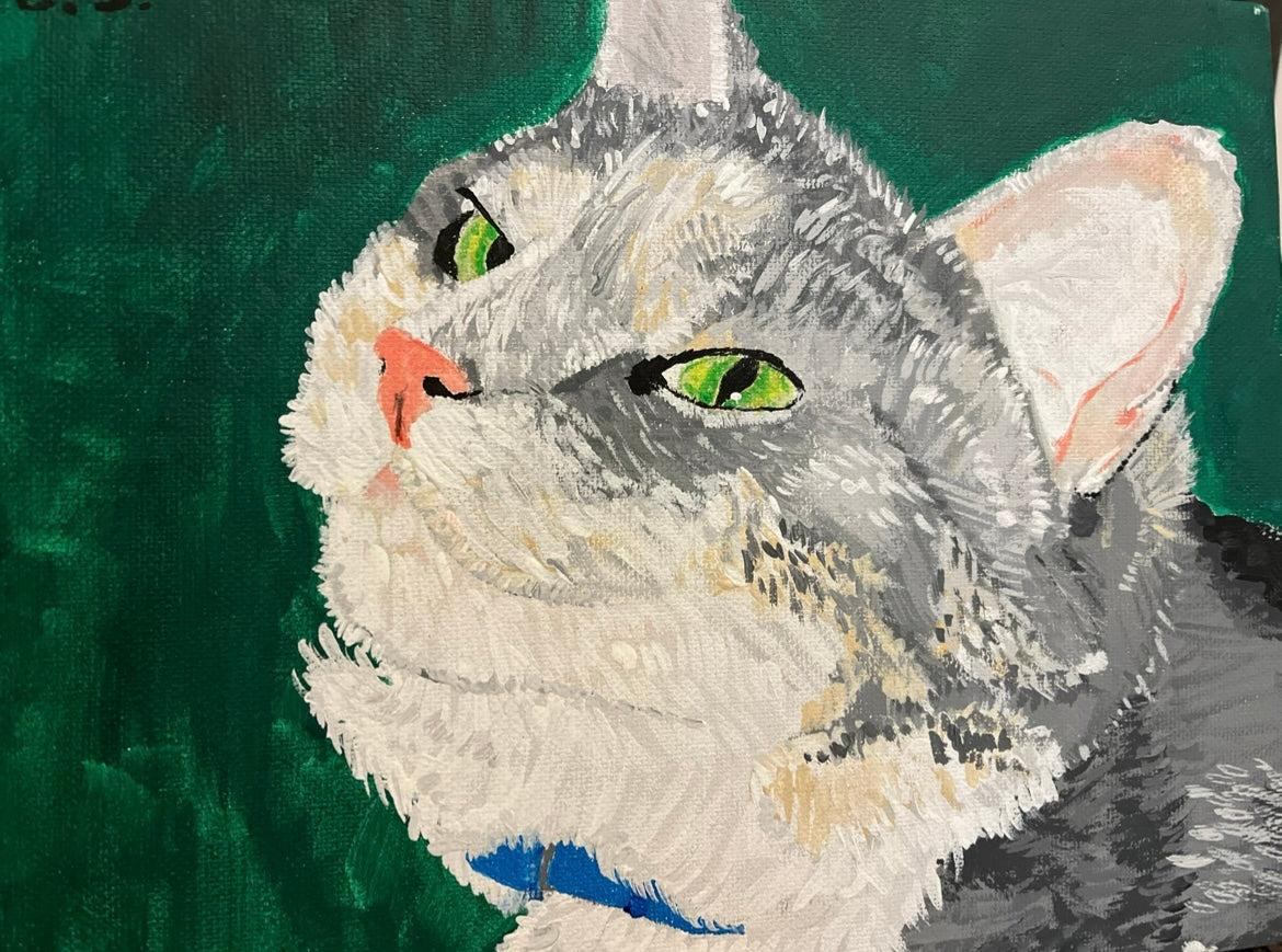 An acrylic painting of a grey and white short haired cat with bright green eyes. The background is a shade of emerald green.